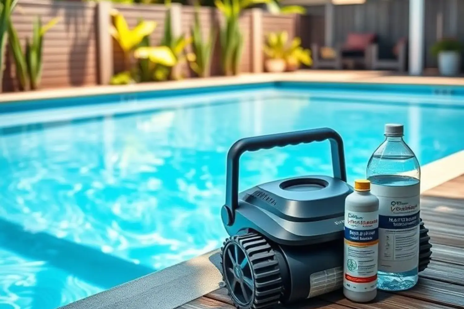 Pool cleaning robot and chemicals beside a swimming pool