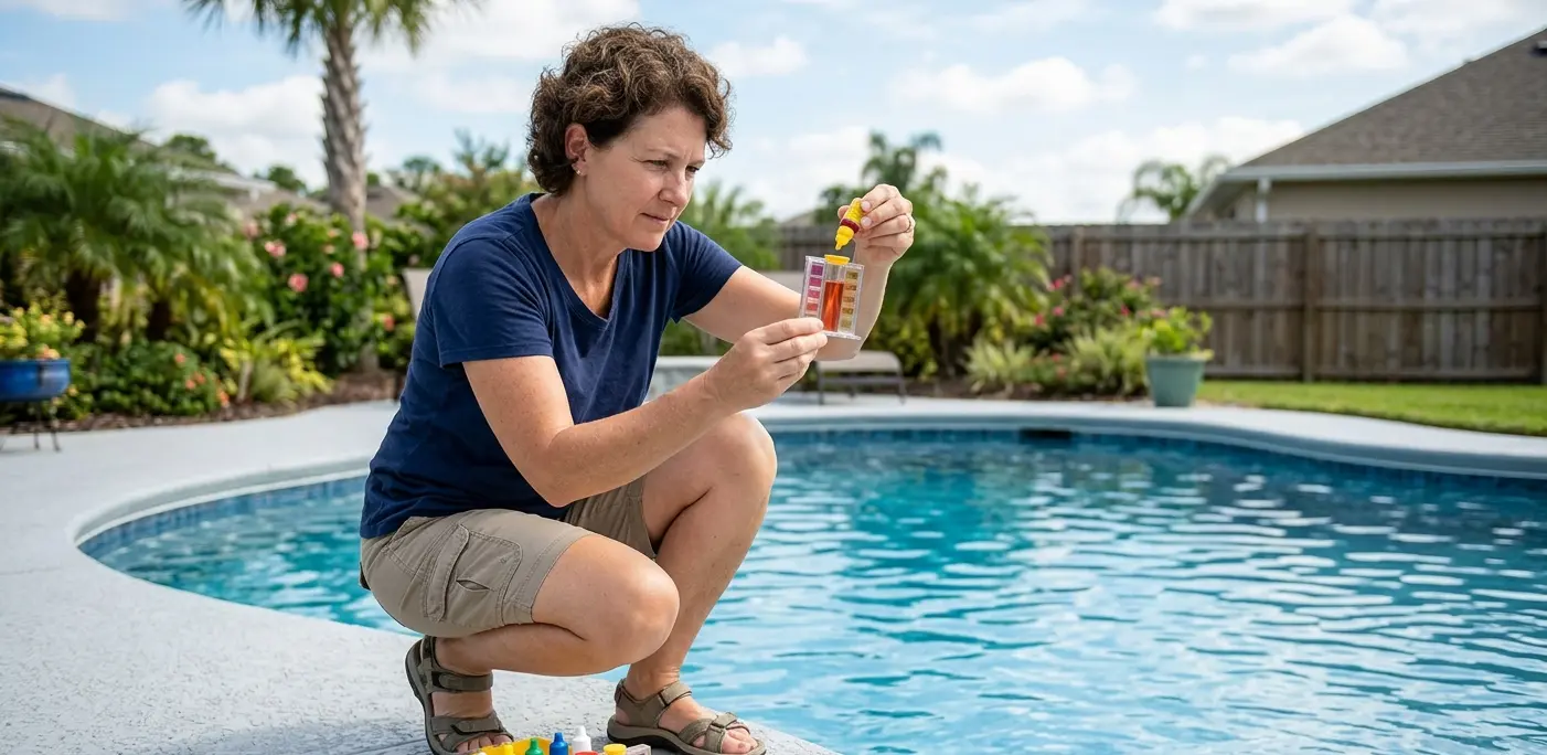 A woman kneeling at the edge of a bright blue backyard swimming pool, using a liquid drop test kit to check the water's pH and chemical balance.