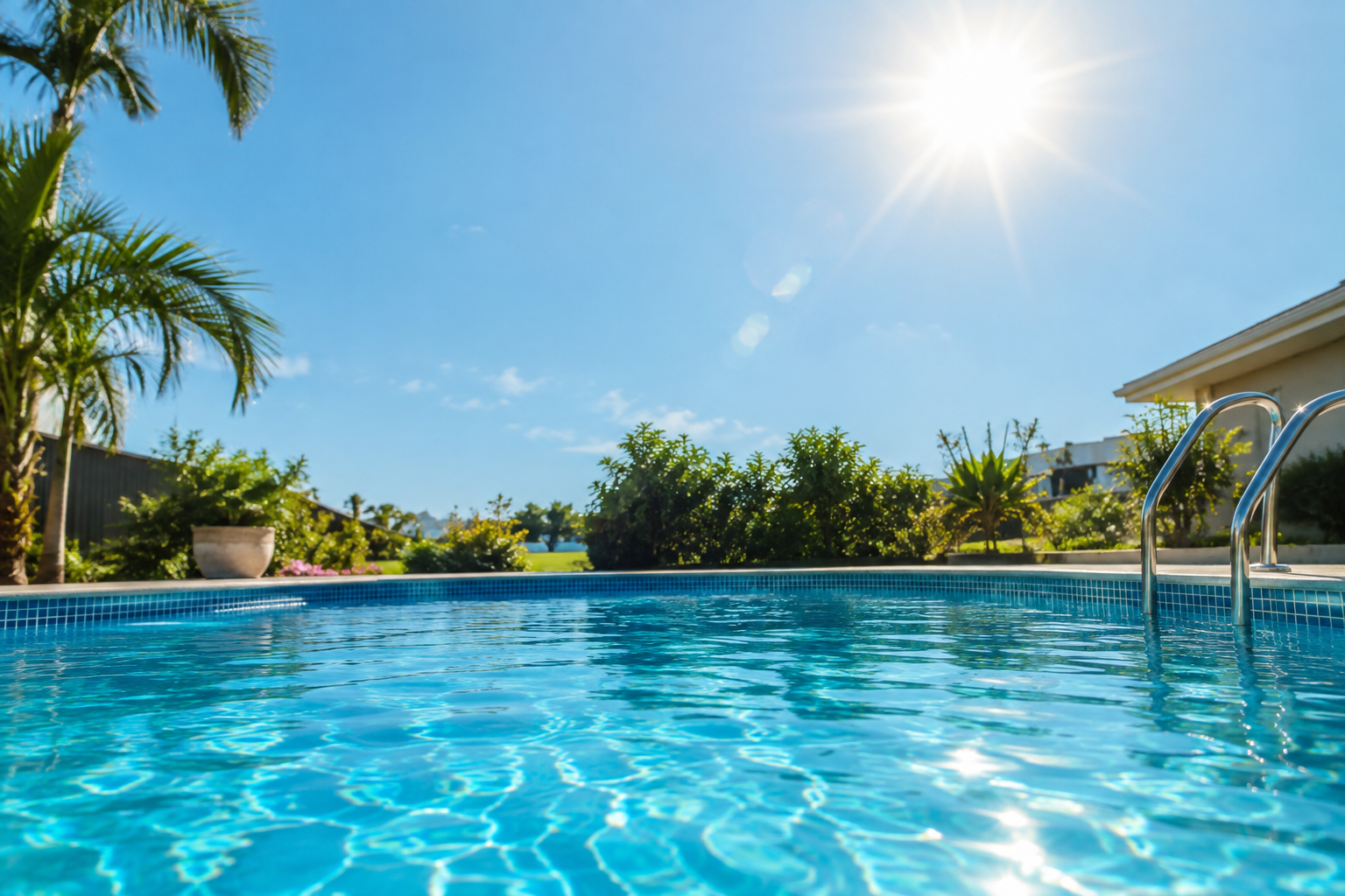 Swimming pool under the hot summer sun on a clear sunny day